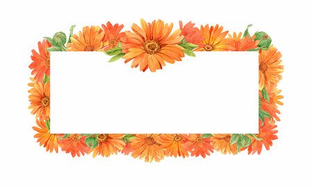 Frame of orange marigold. Watercolorの写真素材