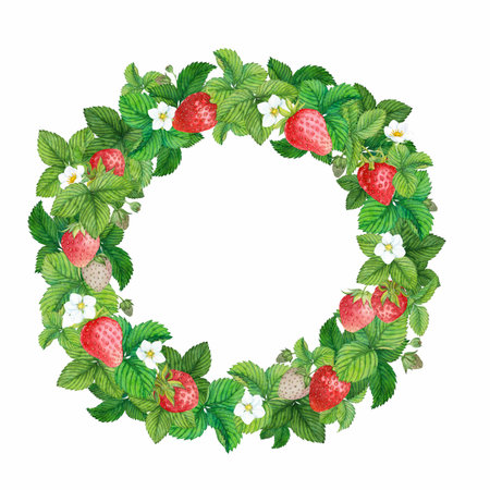 Farm watercolor strawberry wreath, circleの写真素材