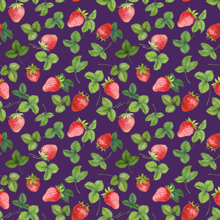 Seamless pattern with red strawberry on violet backgroundの写真素材