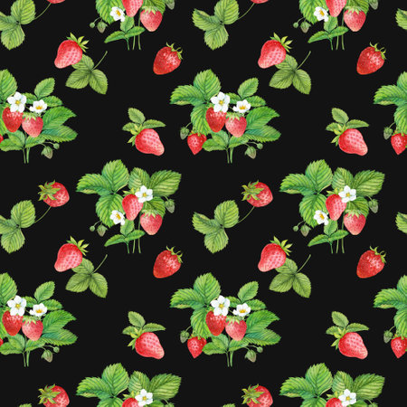 Seamless pattern with red strawberry on black backgroundの写真素材