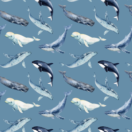 Seamless pattern with whales. Repeating texture with marine mammals. Watercolor illustration. Beluga whale, sperm whale, killer whale, humpback whale. Pattern on a blue background.の写真素材