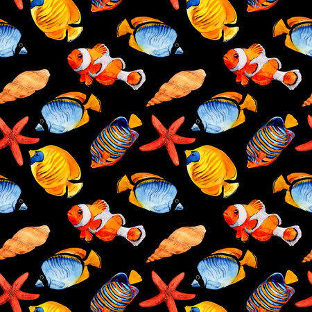 Seamless pattern of tropical fish and starfish on a black background. Watercolor illustration. Beautiful clipart for fabric design, wallpapers, summer clothes, swimwear, wetsuits and beach mats.の写真素材