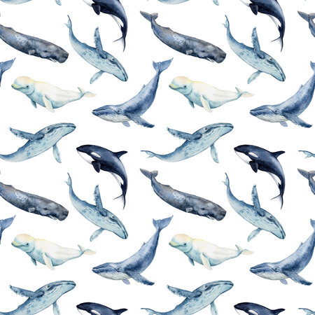 Seamless pattern with whales. Repeating texture with marine mammals. Watercolor illustration. Beluga whale, sperm whale, killer whale, humpback whale. Pattern on a white background.の写真素材