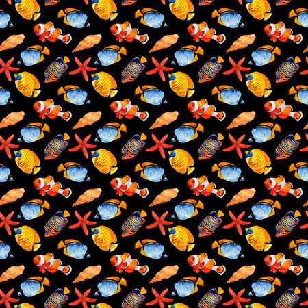 Seamless pattern of tropical fish and starfish on a black background. Watercolor illustration. Beautiful clipart for fabric design, wallpapers, summer clothes, swimwear, wetsuits and beach mats.の写真素材