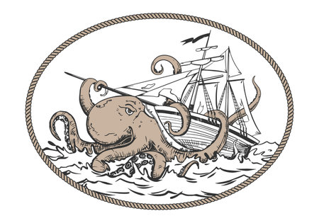 A mythical monster from the dark depths attacks the ship. The octopus wraps its tentacles around the ship and pulls it to the bottom. Monochrome composition in an oval frame. Vector image ofKraken.のイラスト素材