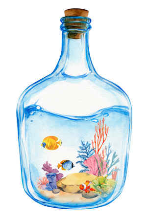 Underwater world in a glass bottle. Watercolor illustration of a reef in a transparent jar. Composition of bright fish, corals, sand. Clipart for summer design.の写真素材