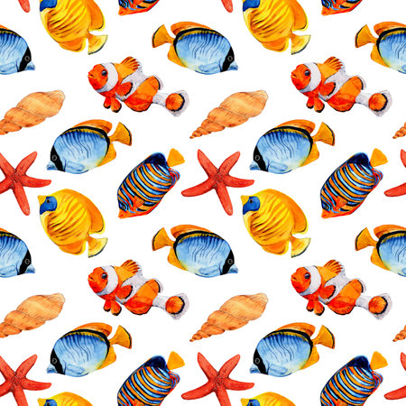 Tropical fish seamless pattern on a white background. Watercolor illustration. Beautiful clipart for fabric design, wallpapers, summer clothes, swimwear, wetsuits and beach mats.の写真素材