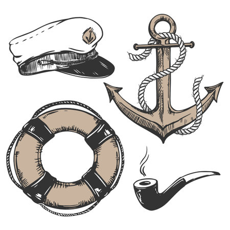 Vector set of vintage nautical elements. Captains cap, smoking pipe, life buoy, metal anchor, rope. Engraving style illustration. Elements for packaging design, menu of a sea restaurant.のイラスト素材