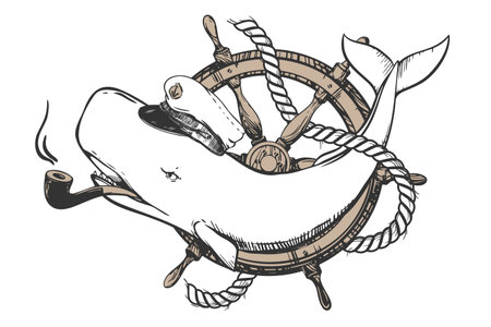 White sperm whale in a capital cap and with a smoking pipe in his mouth. Creative illustration of a whale on the background of the steering wheel. Old school tattoo sketch.のイラスト素材