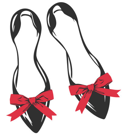 Comfortable shoes without a heel, decorated with red bows. Ballet flats - womens shoes, silhouette. Vector illustration for business, logo, shop design.のイラスト素材