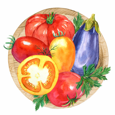 Plate with ripe red tomatoes and eggplant top view. Watercolor hand drawn illustration isolated on white background. Red, yellow and blue vegetablesの写真素材