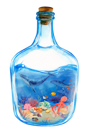 Underwater world in a glass bottle. Watercolor illustration of a reef in a transparent jar. Composition of bright fishes, corals, whales. Clipart for summer design.の写真素材