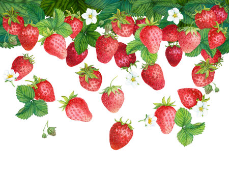 Falling strawberries, flowers and leaves on a white background. Watercolor illustration. Clipart for summer design, packaging of juice, yogurt, tea. Healthy and tasty ingredient in food and drinks.の写真素材