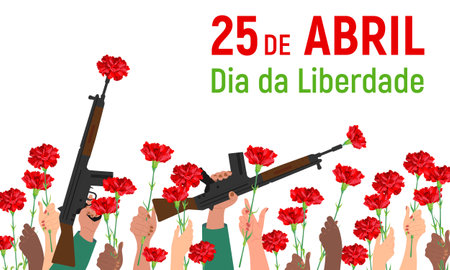 Festive composition for Portugal Freedom Day. A red carnation is inserted into the barrel of a rifle. Symbol of Victory and Revolution. Translation of the text: 25 April. Freedom Dayのイラスト素材