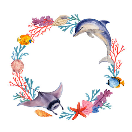 Wreath of marine animals. Watercolor frame of corals, algae, fish, dolphins and rays. Clipart for design in tropical style.の写真素材