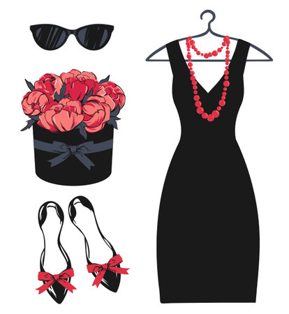 A set of stylish womens clothing for a cocktail party. Fashion look. Dress, shoes, glasses and a bouquet of peonies. Vector illustration for a postcard or poster, for a magazine article.のイラスト素材