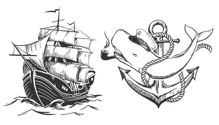 White sperm whale in a captains cap and with a smoking pipe in his mouth. A sailboat sails on the waves with raised sails. Old school tattoo sketch. Vector illustration in engraving style.のイラスト素材