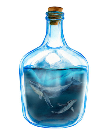 Underwater world in a glass bottle. Watercolor illustration of northern mari in a transparent jar. Composition of a pair of humpback whales, an iceberg and a sea wave. Marine mammal protection conceptの写真素材