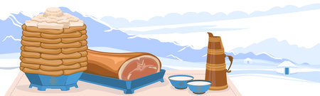 Traditional dishes for the celebration of the Mongolian New Year - Tsagaan Sar. Pies and cottage cheese. Roasted sheeps groats and milk tea against the backdrop of a winter landscape. Vector.のイラスト素材