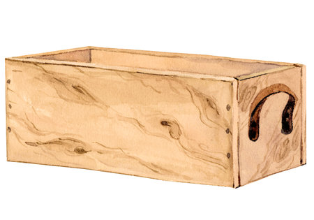Wooden box in retro style isolated on white background. Watercolor illustration. Cage for transportation and storage of crops, agricultural machinery.の写真素材
