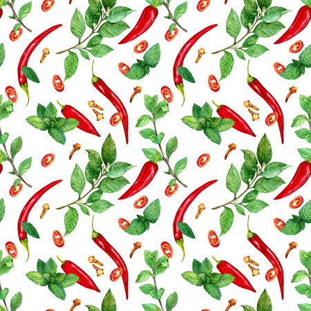 Watercolor seamless pattern with hand drawn spices. Green sprigs of mint, laurel leaves, hot red pepper and paprika. Illustration for packaging, menus, ideal for kitchen textiles.の写真素材