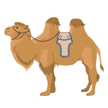 Mongolian camel - Bactrian. A pet common in Asia. Two-humped camel. Vector illustration. The mammal is used for travel, transport and tourism.l isolated on white backgroundのイラスト素材