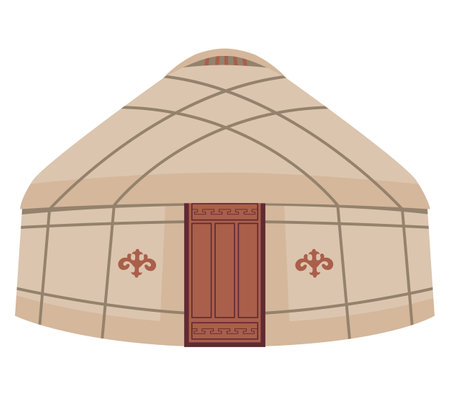 Yurt with national ornament. Vector illustration isolated on white background. National dwelling of the nomadic peoples of Asia. Traditional house for the inhabitants of Mongolia Kazakhstan Kyrgyzstanのイラスト素材