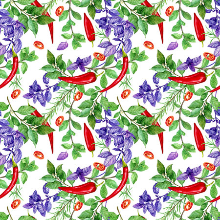Spicy herbs, watercolor illustration. Laurel, mint, purple basil, red hot pepper on a white background. Design for menu decoration, kitchen textiles. Aromatic spices.の写真素材