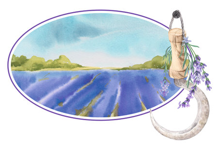 Sickle for cutting herbs, lavender on the background of a landscape with a field of lavender. Decorative composition in Provence style. Watercolor illustration.の写真素材