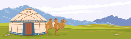 Mongolian landscape. A yurt against the background of mountains, a domestic camel next to the traditional dwelling of nomads. Green pastures, vector illustration for travel poster.のイラスト素材