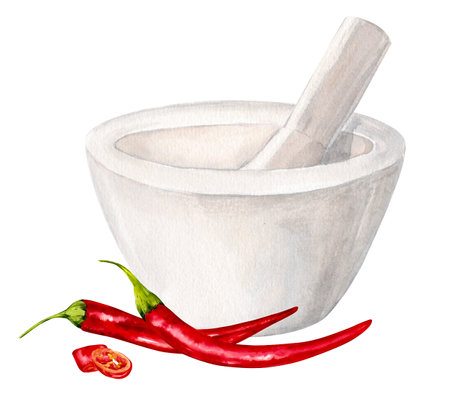 Grind red chili pepper in a mortar made of white granite. Watercolor illustration. Hot pepper is a traditional ingredient of Indian and Mexican cuisine. Clipart for design, menu, packaging.の写真素材