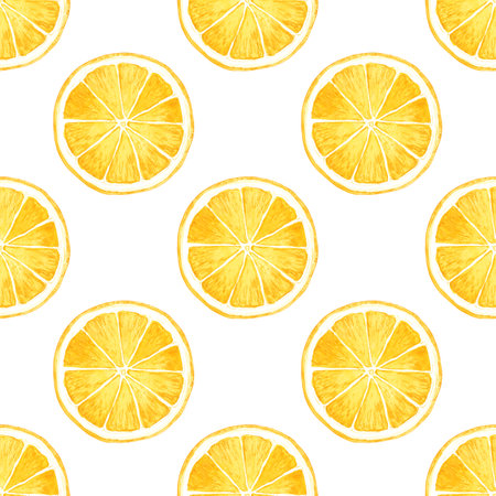 Watercolor lemon seamless pattern. Ripe round slices of citrus fruits on a white background. Tropical summer design for fabric, wallpaper, packaging, menu.の写真素材