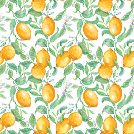 Watercolor lemon seamless pattern. Ripe citruses on branches, foliage and flowers on a white background. Tropical summer design for fabric, wallpaper, packaging, menu.の写真素材