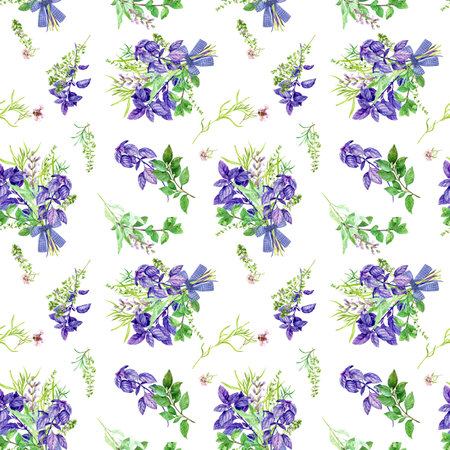 Spicy herbs, watercolor illustration. Laurel, mint, purple basil, tarragon, thyme, mint, sage on a white background. Menu design, kitchen textiles. Aromatic spices of mediterranean, italian cuisine.の写真素材