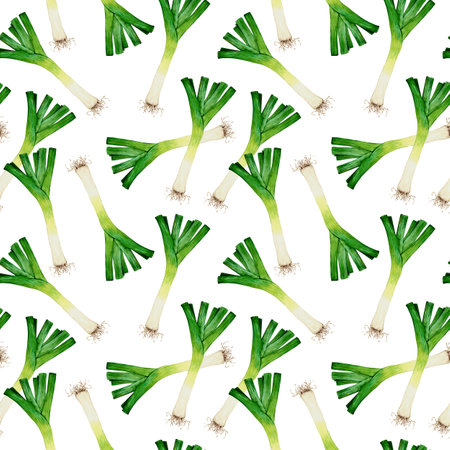 Green leek seamless watercolor pattern. Design for wallpapers, textiles, paper, cafes and restaurants. Onions, herbs, aromatic spices of Italian, French cuisine. Illustration on a white background.の写真素材