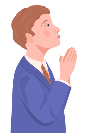 A boy in a smart suit for the first communion. Vector. The child is ready to receive the sacrament of the Eucharist. A young Catholic prays before the sacred sacrament of communion.のイラスト素材