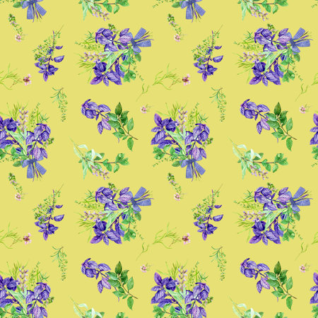 Spicy herbs, watercolor illustration. Laurel, mint, purple basil, tarragon, thyme, mint, sage on a green background. Menu design, kitchen textiles. Aromatic spices of Italian, French cuisine.の写真素材