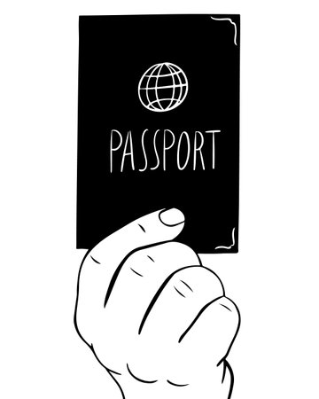The hand is holding passports. Linear vector drawing, document control, customs, airport check. Travel illustration.のイラスト素材