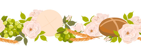 Seamless border with symbols of the Christian religion. elements of holy communion - grapes, bread, ears of corn. Vector. Design for fabric, wallpaper, textile.のイラスト素材