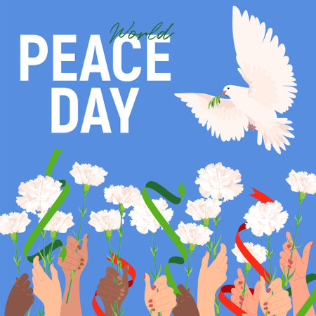 International Day of Peace. Vector. Solidarity of the inhabitants of the Earth. White dove with an olive branch on a white background, raised hands of different peoples of the world with white flowersのイラスト素材