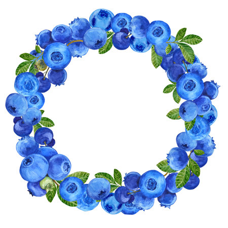 Blueberry wreath. Watercolor drawing by hand. Round frame of ripe juicy summer berries. Clipart for packaging design of farm, natural, vegetarian products.の写真素材