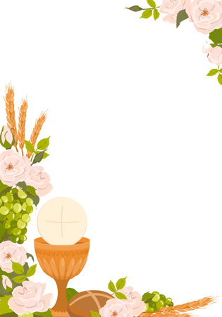 Catholic First Communion. Vector. Golden bowl for wine, bread, wine, grapes, white roses. Elements for beautiful invitation design. Festively decorated altar.のイラスト素材