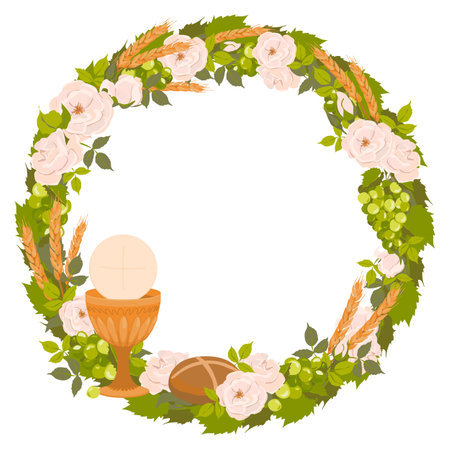 Symbols of the first communion in a round composition, wreath. Vector. Golden bowl for wine, bread, wine, grapes, white roses. Elements for beautiful invitation design.のイラスト素材