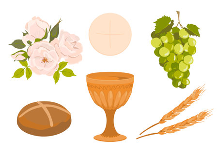Elements of a catholic first communion. Vector set. Golden bowl for wine, bread, wine, grapes, white roses. Elements for beautiful invitation design.のイラスト素材