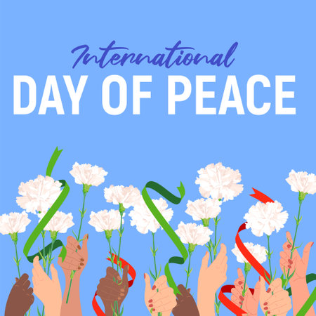 World Peace Day. Vector in cartoon style. The hands of the multinational population of the earth raise white flowers. The concept of world friendship, harmony, hope.のイラスト素材