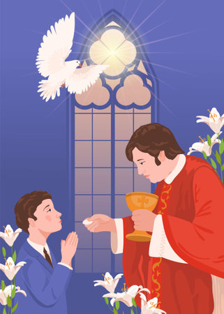 A boy in a suit during the first communion. Vector A priest holds bread, a manifestation of the holy spirit in the form of a white radiant dove. Church member receiving the Eucharistの写真素材