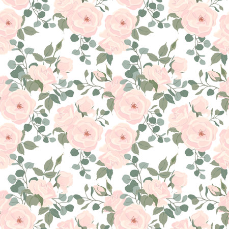 Seamless vector pattern with cream roses and leaves. Floral pattern for wallpaper or fabric, textile. Beige summer flowers and green foliage on a white background.のイラスト素材