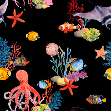 Tropical fish, bright, colorful with corals and marine animals. Watercolor illustration. Seamless pattern on a black background. For the design of fabrics, textiles, wallpapers, prints.の写真素材