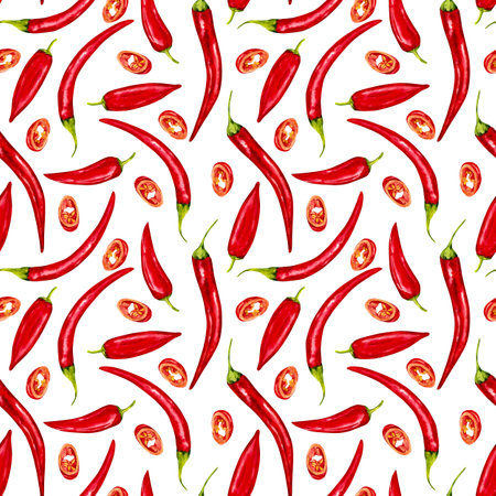 Watercolor seamless pattern with hand drawn chili peppers. Hot red pepper and paprika on a white background. Illustration for packaging, menu, ideal for kitchen textiles.の写真素材
