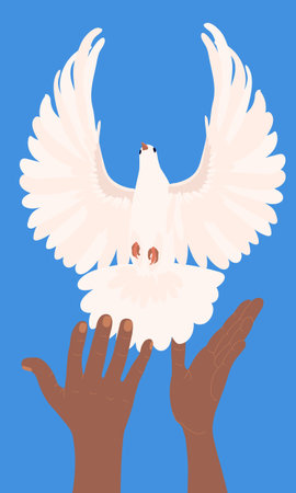 Hands with dove of peace in flat style. Vector. A white bird flies out of the hands into the blue sky. The concept of hope, a sign of freedom and independence, a manifestation of the holy spirit.のイラスト素材